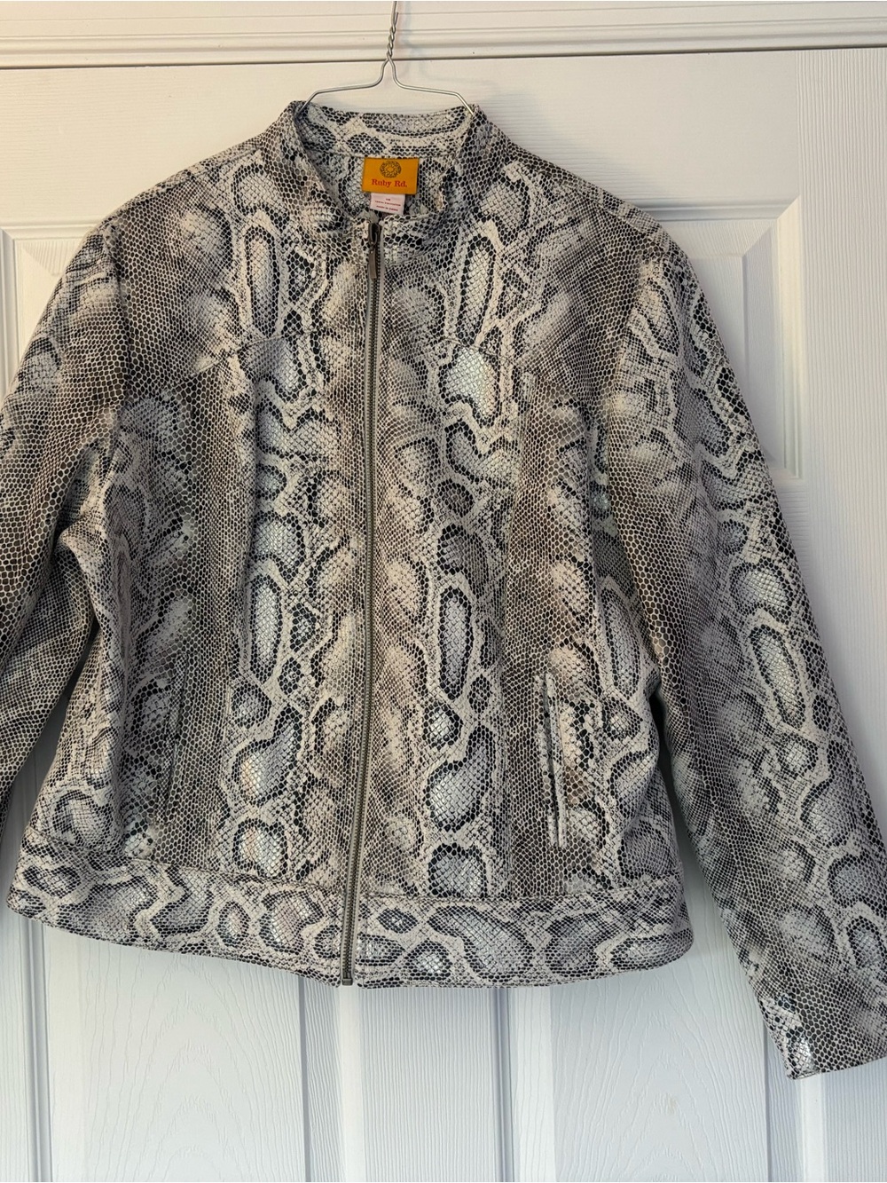 Ruby Rd. Snake-Print Gray Leather Zip Jacket
